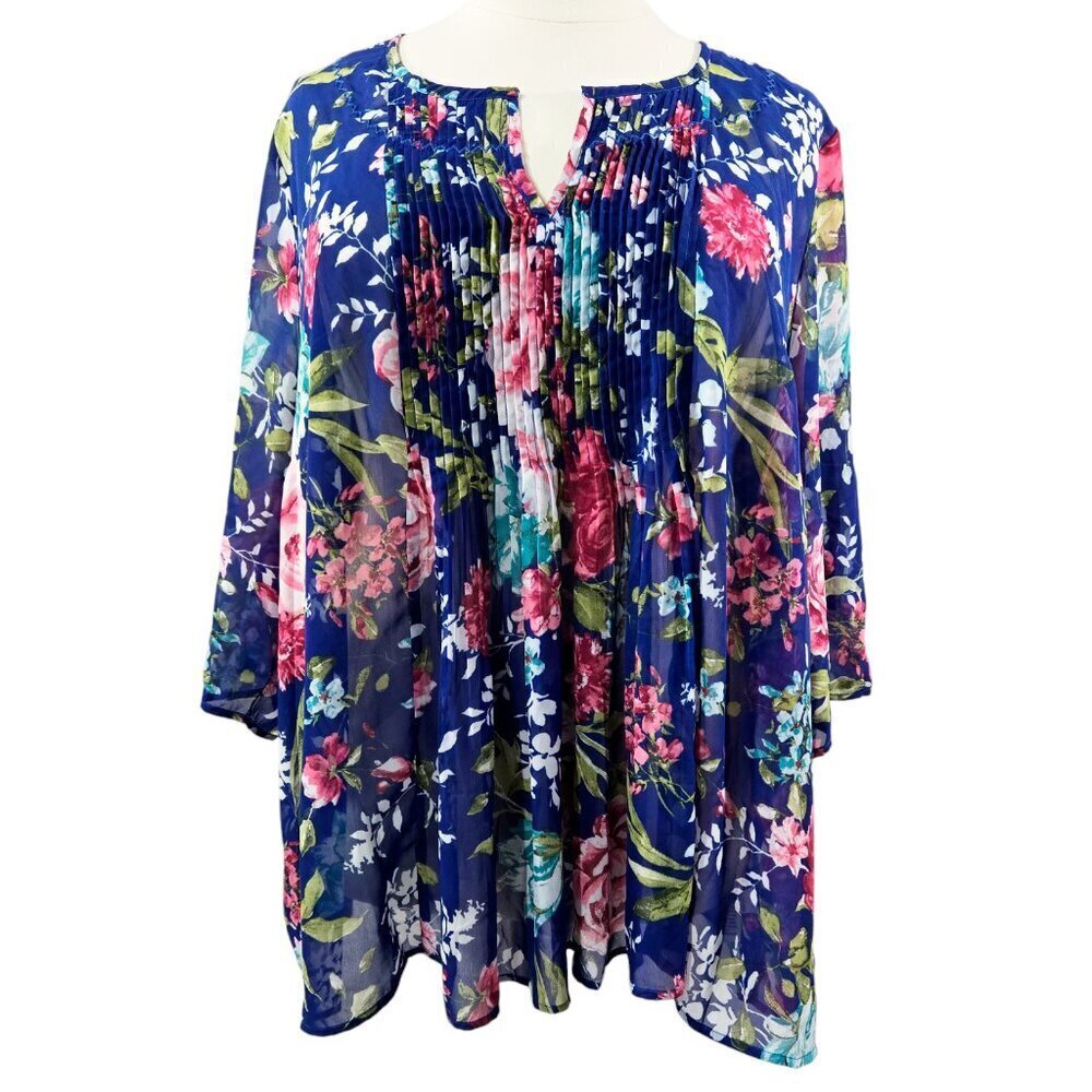 Roaman's Blue Floral Sheer Pleated Roll Tab Sleeve Blouse Hi-Lo Hem Romantic